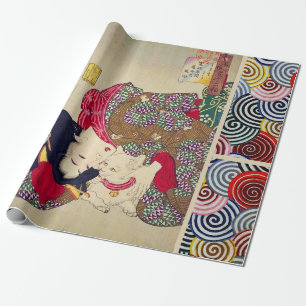 PAPIER CADEAU CHERCHANT LE TIRESOME, FEMME JAPONAISE AVEC CHAT B