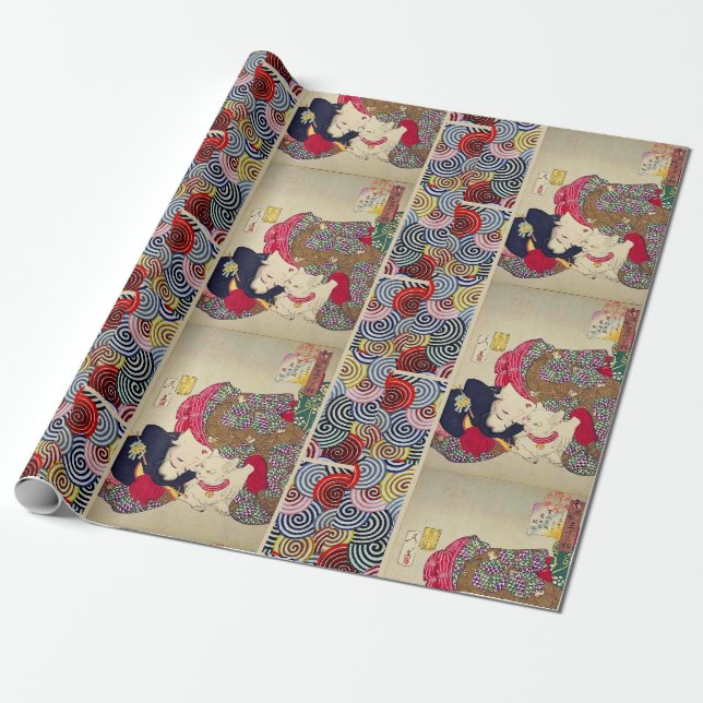 PAPIER CADEAU CHERCHANT LE TIRESOME, FEMME JAPONAISE AVEC CHAT B (Déroulé)