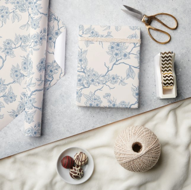 Papier Cadeau Chery blossom branches in blue and off white (Artisanat)