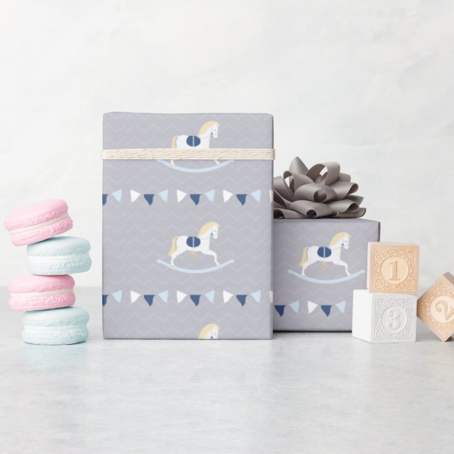Papier Cadeau Cheval à rochers bleu (Baby Shower)