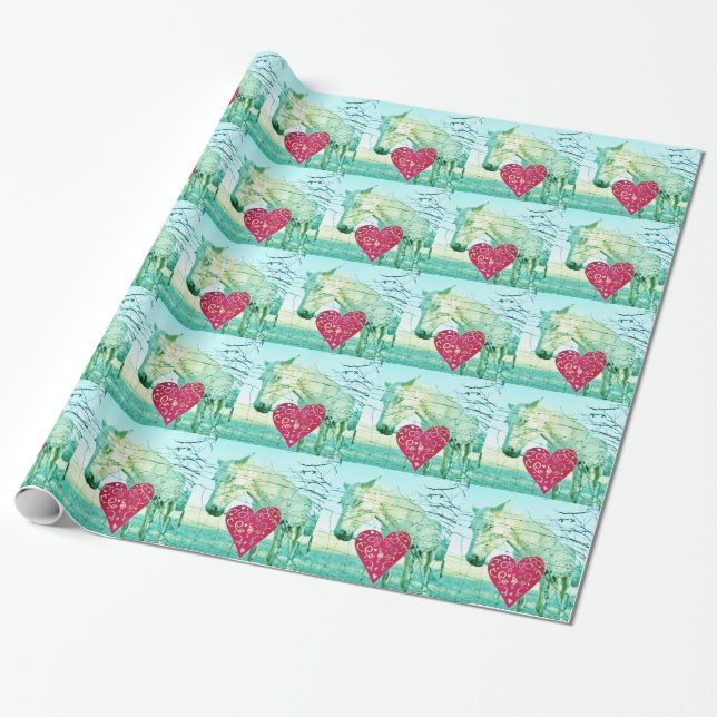 Papier Cadeau Cheval Blanc Coeur Rouge Saint Valentin (Déroulé)