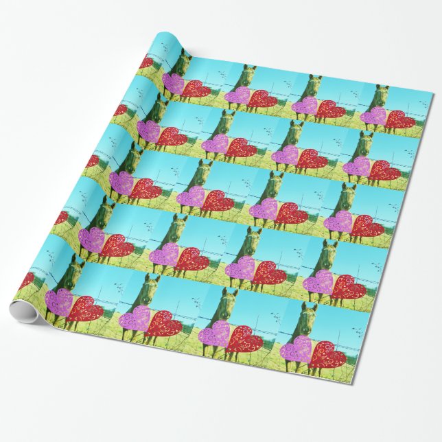Papier Cadeau Cheval blond et Coeurs rose et rouge (Déroulé)