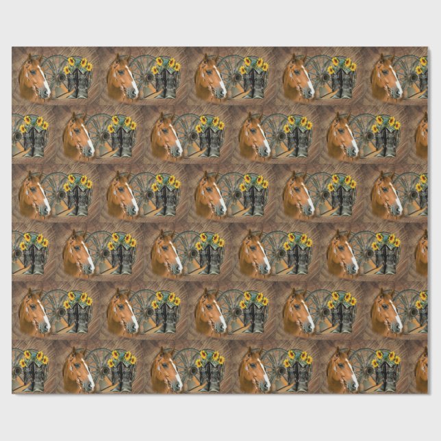 Papier Cadeau Cheval Boot Boots Wagon Wheels Sunflower Western (Plat)