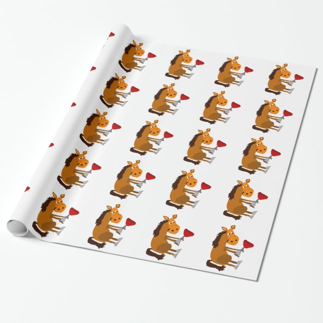 Papier Cadeau Cheval de baie drôle buvant du vin rouge (Déroulé)