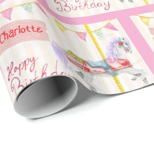 Papier Cadeau Cheval de carrousel d'anniversaire Ajouter le nom