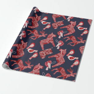 Papier Cadeau Cheval de Dala de l'aquarelle scandinave