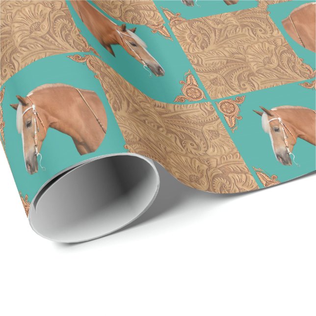 Papier Cadeau Cheval de palomino et copie occidentaux de cuir (Coin rond)