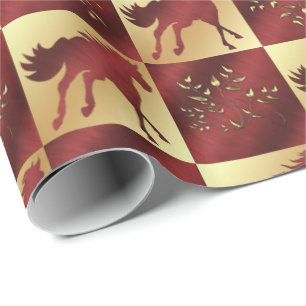 Papier Cadeau Cheval d'or et de vin avec Feuilles d'or
