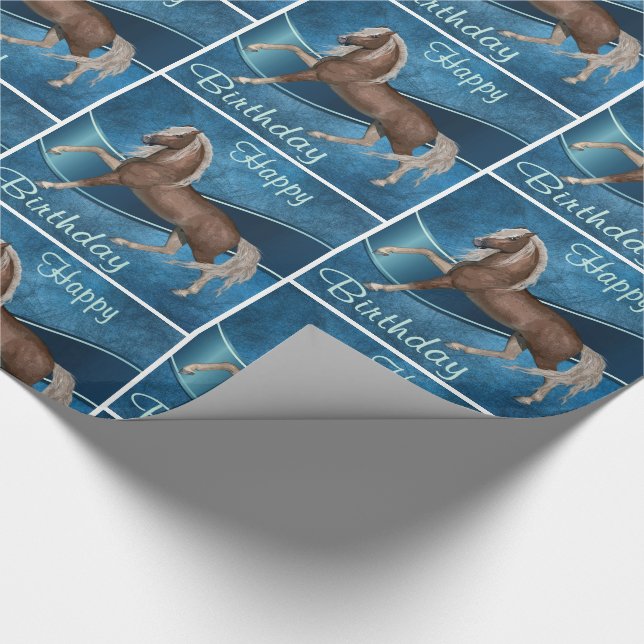 Papier Cadeau Cheval En Bleu Et Joyeux Anniversaire (Coin)
