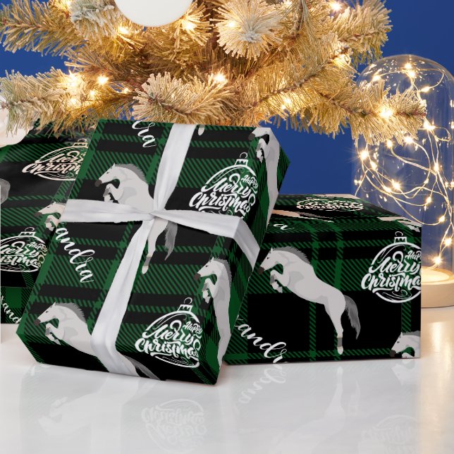 Papier Cadeau Cheval équestre vert de Noël Personnalisé (Vacances)