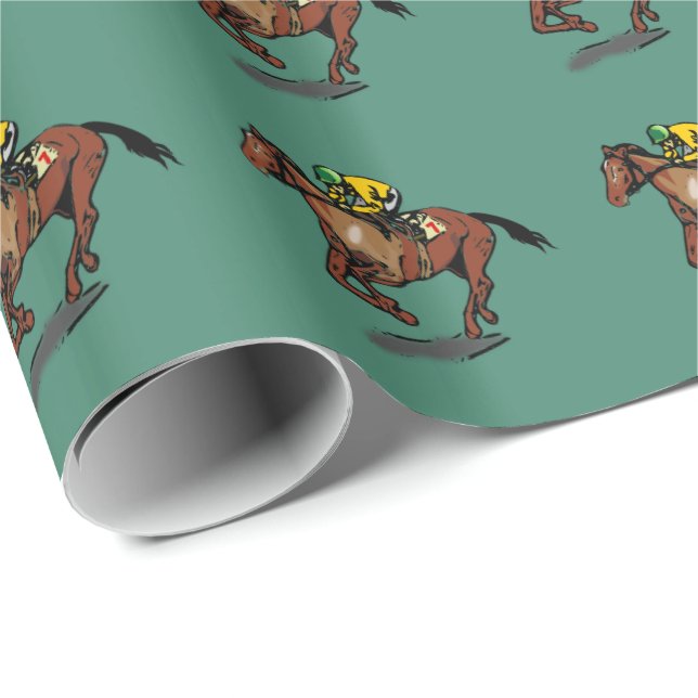 Papier Cadeau Cheval et Jockey Motif Vert foncé (Coin rond)