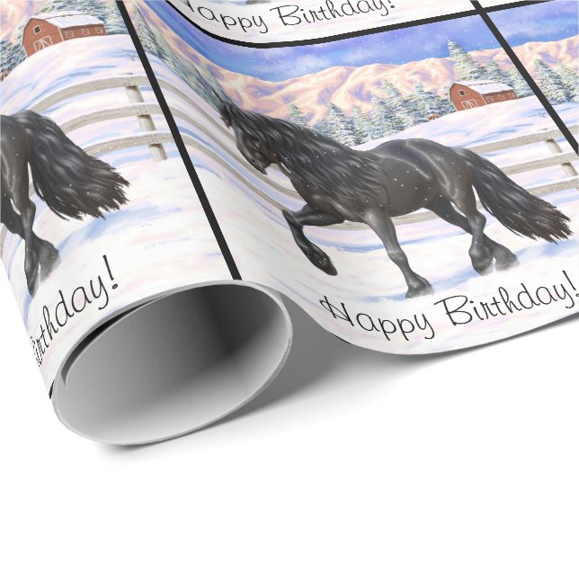 Papier Cadeau Cheval Noir Friésien En Neige (Coin rond)
