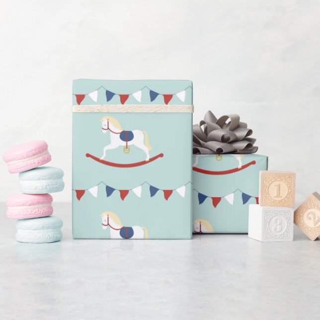 Papier Cadeau Cheval rouge et bleu Rocking (Baby Shower)