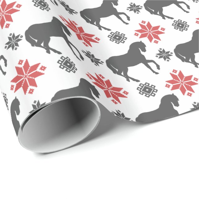 Papier Cadeau Cheval rouge et noir de Noël (Coin rond)