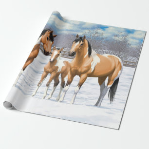 Papier Cadeau Chevaux De Peinture De Poulet De Poulet En Neige