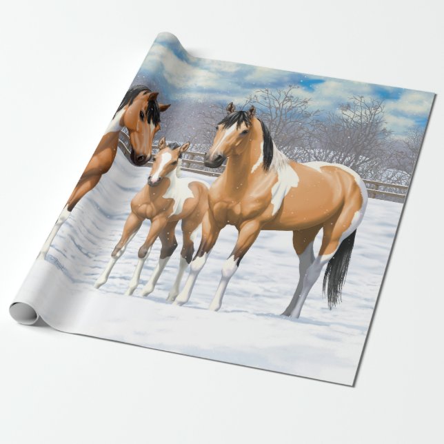 Papier Cadeau Chevaux De Peinture De Poulet De Poulet En Neige (Déroulé)