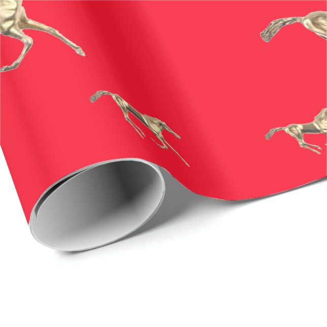 Papier Cadeau Chevaux d'or sur le papier rouge d'emballage (Coin rond)