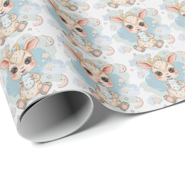 Papier Cadeau Chèvre Cute bébé Pastel Motif d'aquarelle (Coin rond)