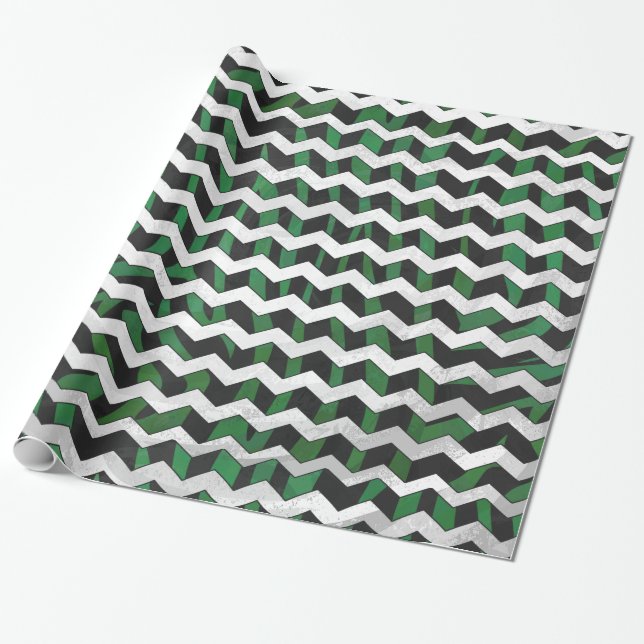 Papier Cadeau Chevron Zebra noir et vert (Déroulé)