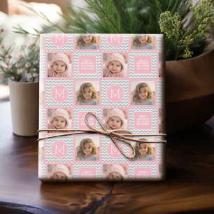 Papier Cadeau Chevrons gris et rose - Photo et monogramme