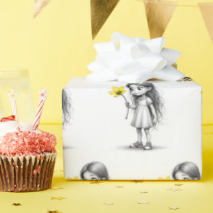 Papier Cadeau Chibi Petite Fille Avec Fleur Jaune
