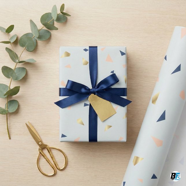 Papier Cadeau Chic Abstract Terrazzo Faux Gold Foil & Navy Blue  (Créateur téléchargé)