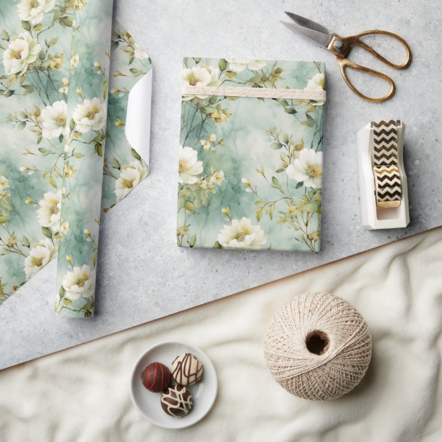 Papier Cadeau Chic Aquarelle blanc fleur sauvage verdure feuilla (Artisanat)