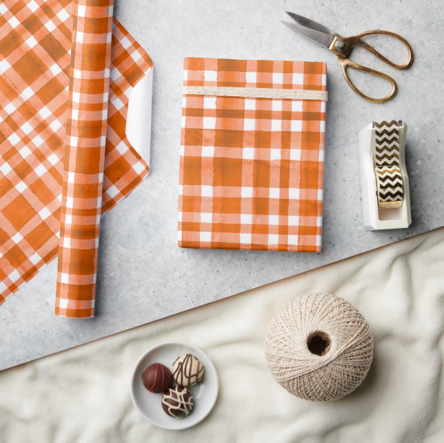 Papier Cadeau Chic Aquarelle Orange Plaid motif (Artisanat)