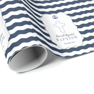 Papier Cadeau Chic Baptême Nautique Vagues Ancre