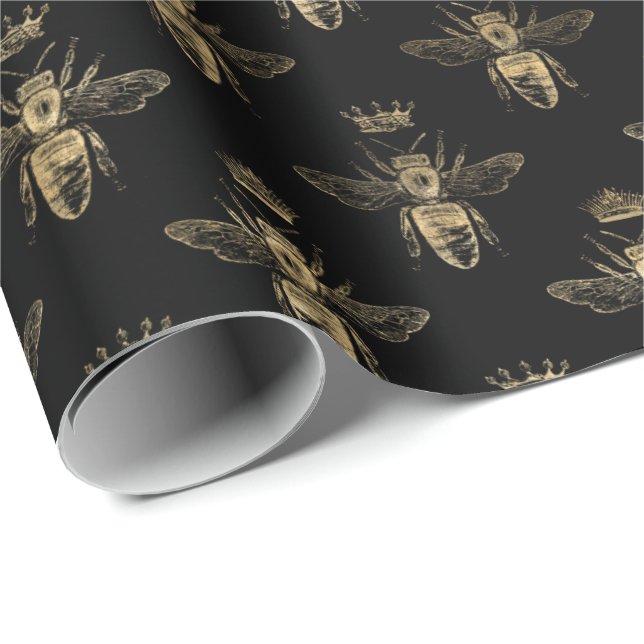 Papier Cadeau Chic Black Gold Queen Bee Motif (Coin rond)