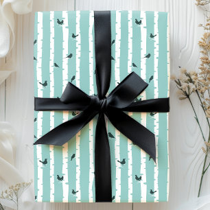 Papier Cadeau Chic Blue Birch Trees et Oiseaux Jolie