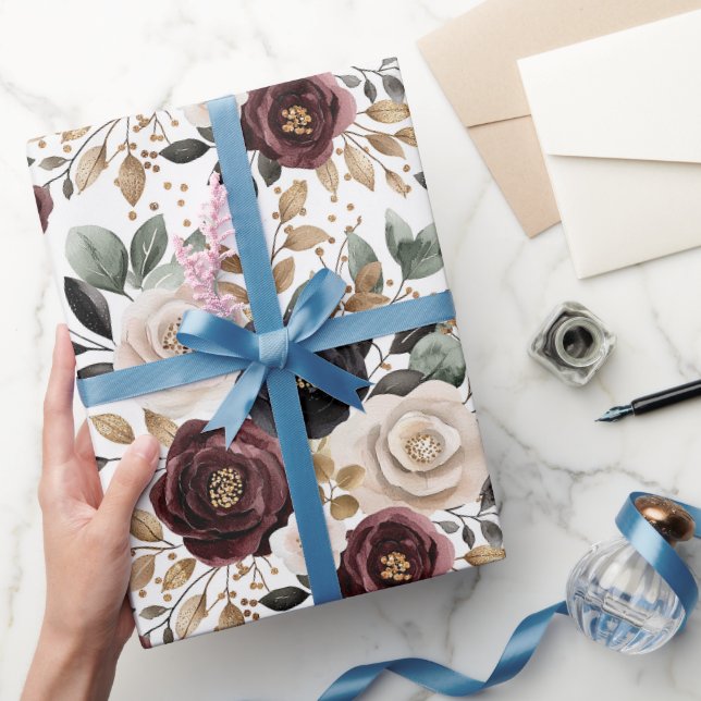 Papier Cadeau Chic Burgundy Crème Floral Bain de Mariée (Cadeaux)