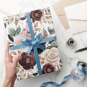 Papier Cadeau Chic Burgundy Crème Floral Mariage Douche
