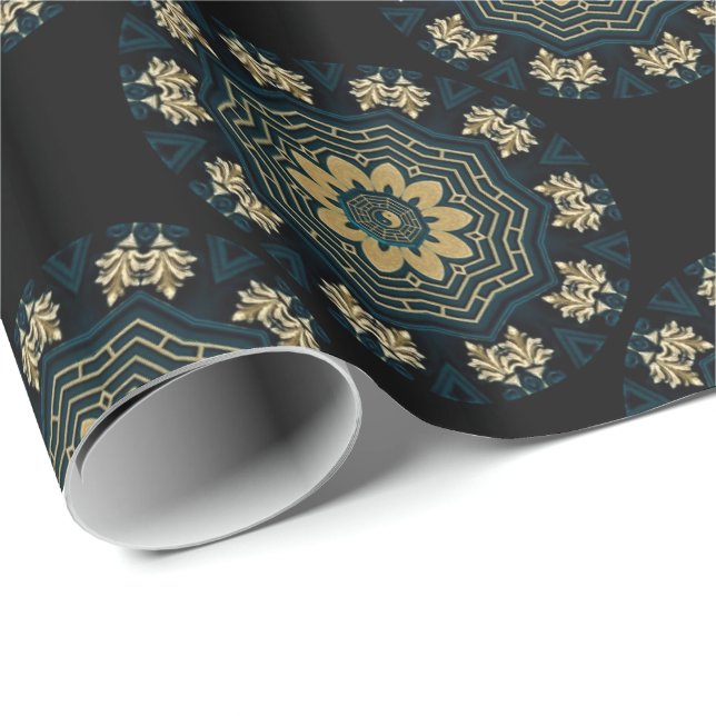 Papier Cadeau Chic Gold & Green Asian Style Motif (Coin rond)