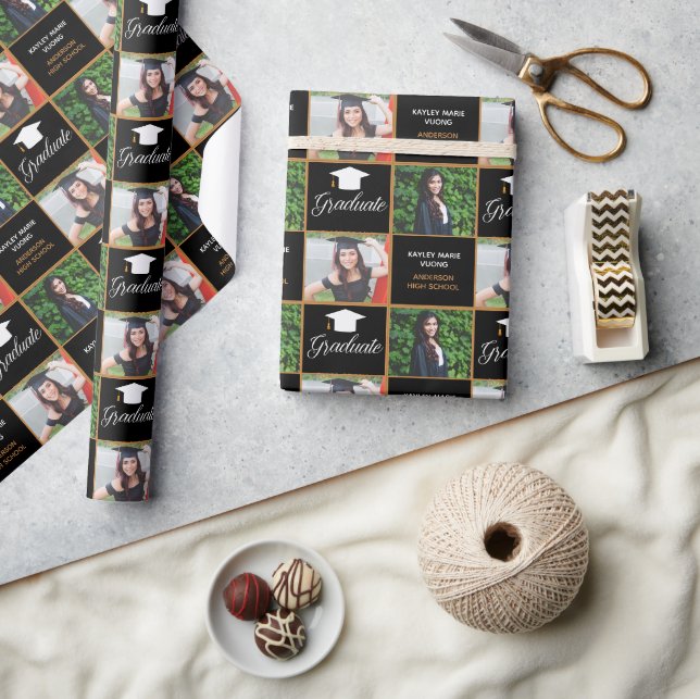 Papier Cadeau Chic Graduate Photo Custom Black Gold Graduate (Artisanat)