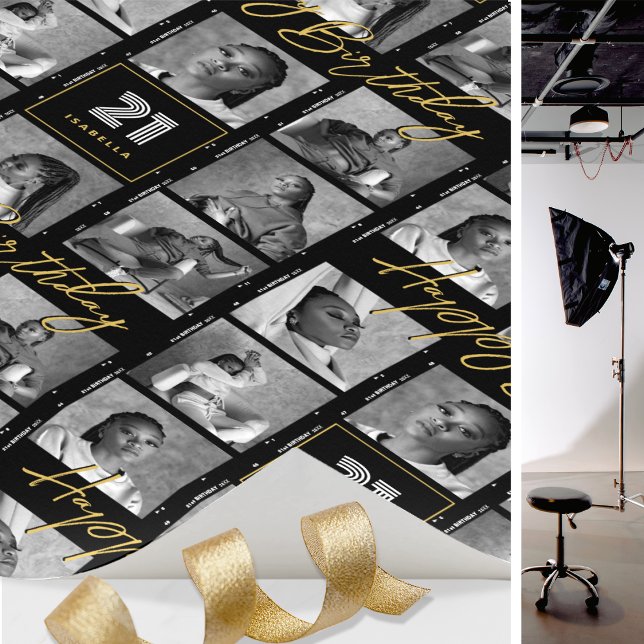Papier Cadeau Chic Happy Birthday Photo Film Strip Black Gold (Créateur téléchargé)