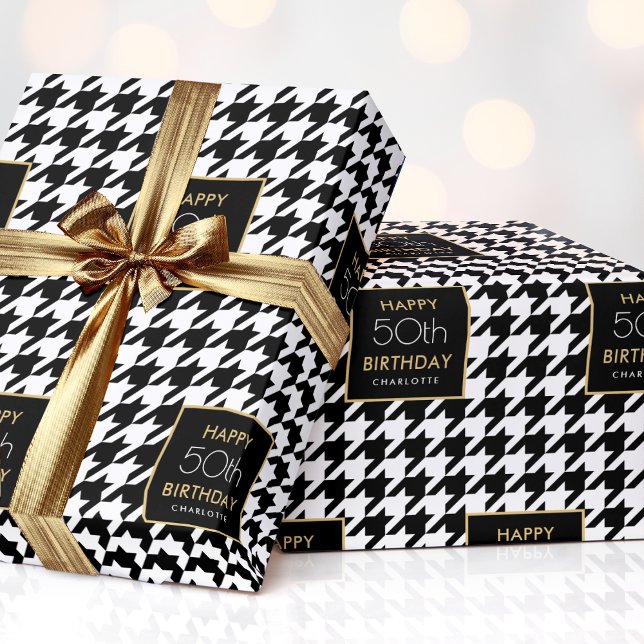 Papier Cadeau Chic Houndstooth Motif Anniversaire 50e Noir Blanc (Créateur téléchargé)