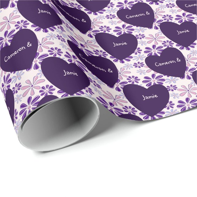 Papier Cadeau Chic Indigo bleu rose Fleur Coeurs Motifs (Coin rond)