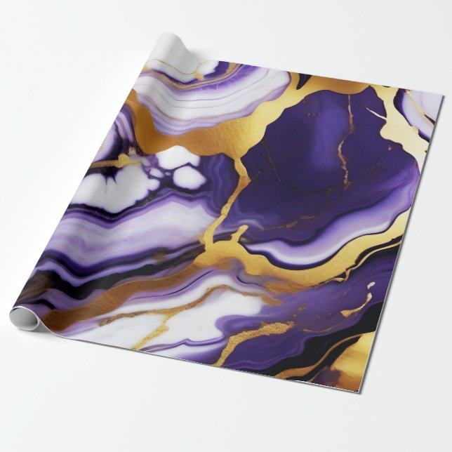 Papier Cadeau Chic joli or violet Faux Marble (Déroulé)