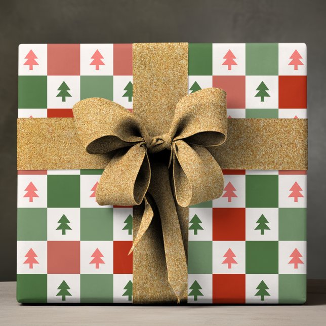 Papier Cadeau Chic moderne rouge vert Checkerboard Arbre de Noël (Créateur téléchargé)