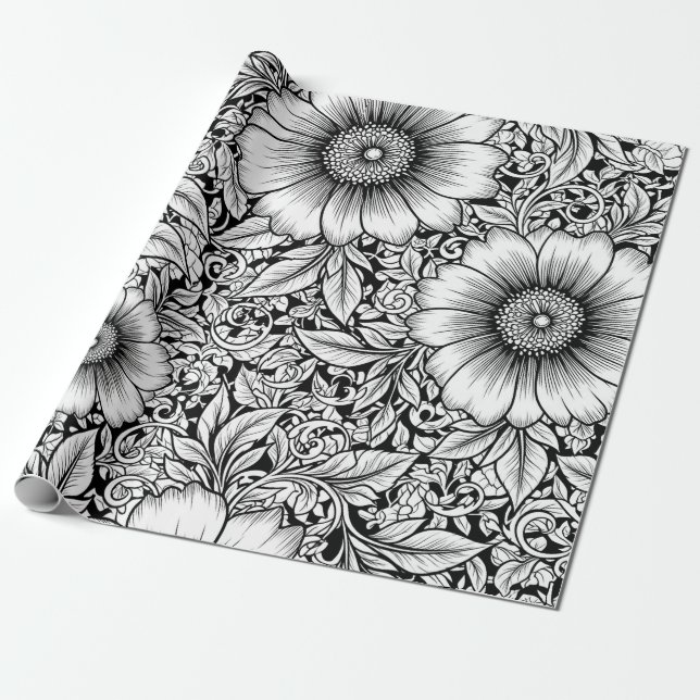 Papier Cadeau Chic Monochrome Floral Luxury Pattern (7) (Déroulé)