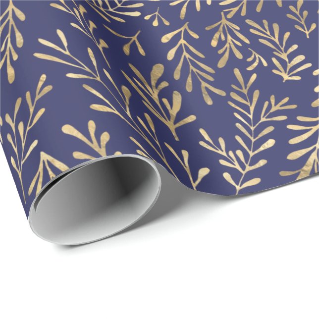 Papier Cadeau Chic Navy Blue Gold Foliage Motif  (Coin rond)