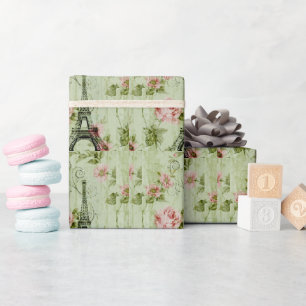 Papier Cadeau chic printemps menthe rose floral paris tour eiffe