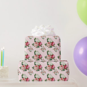 Papier Cadeau Chic Rétro Brillant Rose Florale Rose et Blanc