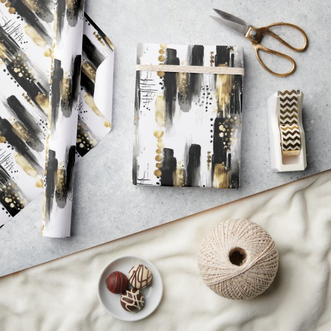 Papier Cadeau Chic Sophisticated Black and Gold Stroke Abstract (Artisanat)