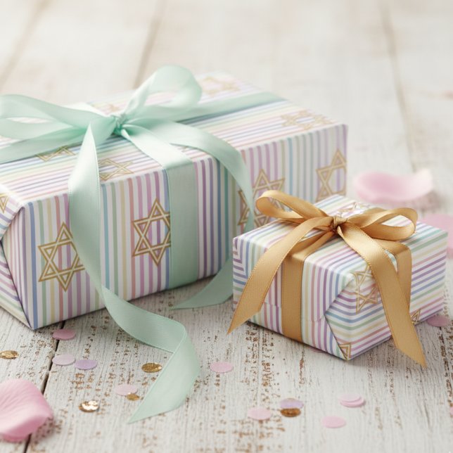 Papier Cadeau Chic Star of David Rainbow Striped Pattern (Adorable Star of David Wrapping Paper for Her. Cute Girly Rainbow Multicolored Striped Pattern)
