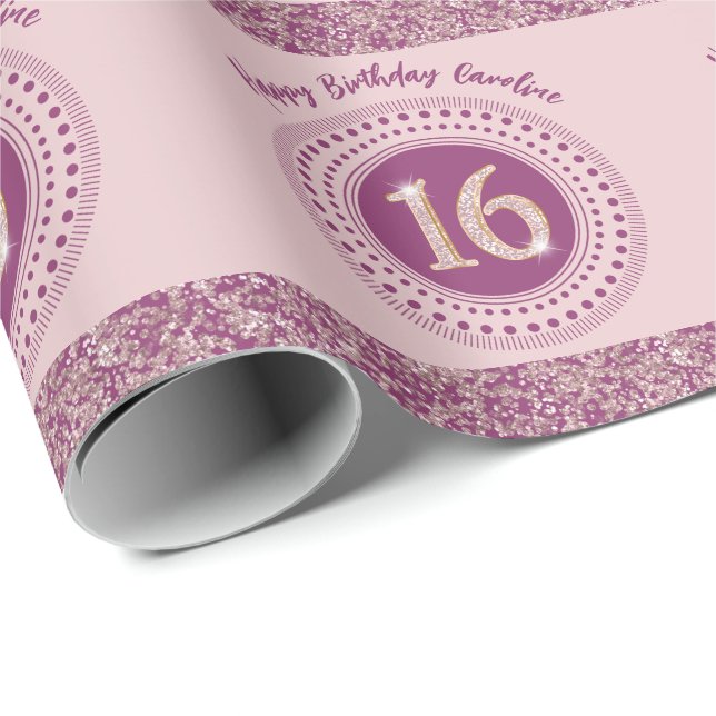 Papier Cadeau Chic Sweet 16 Anniversaire Rose Parties scintillan (Coin rond)