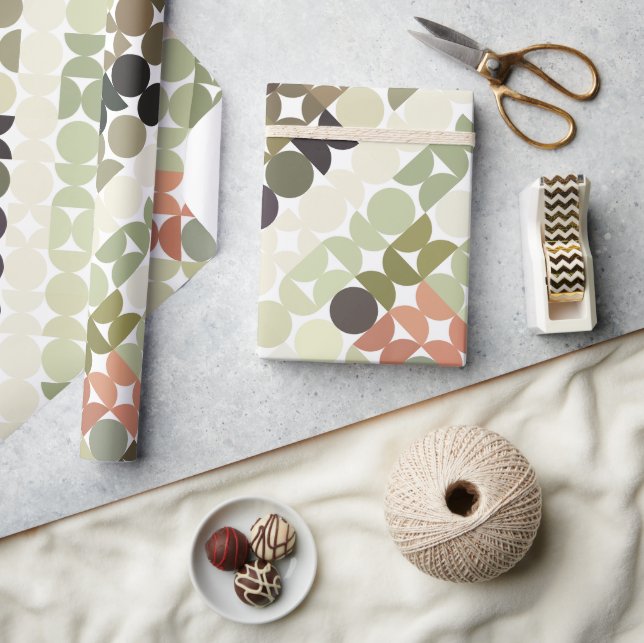 Papier Cadeau Chic Taupe Beige clair Olive Green Cercles Motif (Artisanat)