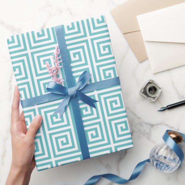 Papier Cadeau Chic turquoise grec clé motif géométrique monogram (Cadeaux)