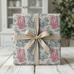 Papier Cadeau Chic vintage rouge gris toile de jouy imprimé